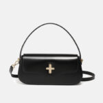 Women's Minimalist Split Leather Flap Turn Lock Baguette Bag with Crossbody Strap