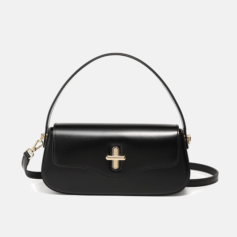 Women's Minimalist Split Leather Flap Turn Lock Baguette Bag with Crossbody Strap
