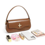 Women's Minimalist Split Leather Flap Turn Lock Baguette Bag with Crossbody Strap