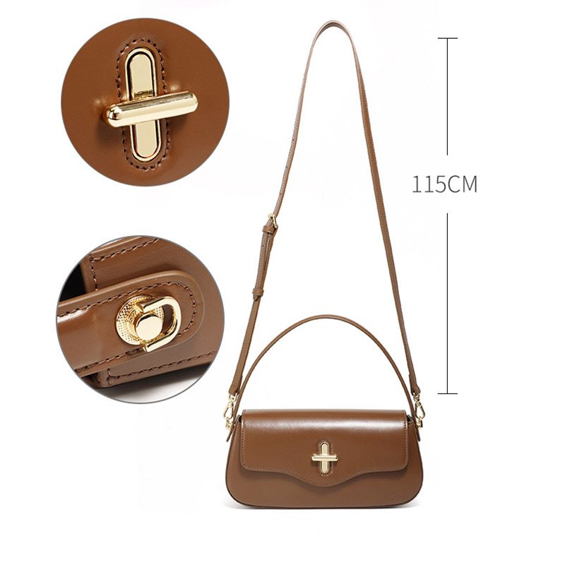 Women's Minimalist Split Leather Flap Turn Lock Baguette Bag with Crossbody Strap