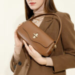 Women's Minimalist Split Leather Flap Turn Lock Baguette Bag with Crossbody Strap