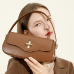 Women's Minimalist Split Leather Flap Turn Lock Baguette Bag with Crossbody Strap
