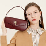 Women's Minimalist Split Leather Flap Turn Lock Baguette Bag with Crossbody Strap