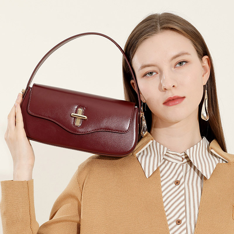 Women's Minimalist Split Leather Flap Turn Lock Baguette Bag with Crossbody Strap