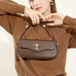 Women's Minimalist Split Leather Flap Turn Lock Baguette Bag with Crossbody Strap