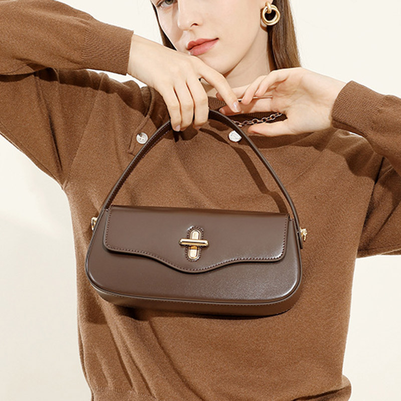 Women's Minimalist Split Leather Flap Turn Lock Baguette Bag with Crossbody Strap