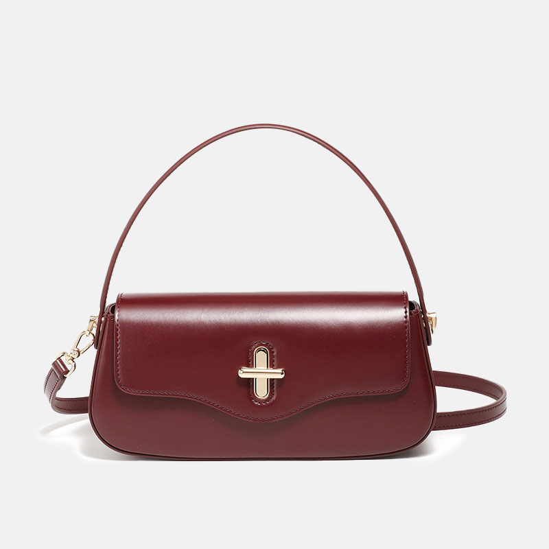 Women's Minimalist Split Leather Flap Turn Lock Baguette Bag with Crossbody Strap