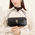 Women's Minimalist Split Leather Flap Turn Lock Baguette Bag with Crossbody Strap