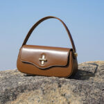 Women's Minimalist Split Leather Flap Turn Lock Baguette Bag with Crossbody Strap