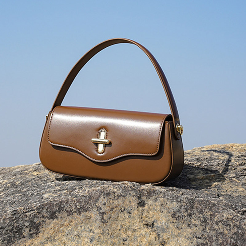 Women's Minimalist Split Leather Flap Turn Lock Baguette Bag with Crossbody Strap