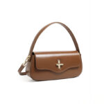 Women's Minimalist Split Leather Flap Turn Lock Baguette Bag with Crossbody Strap
