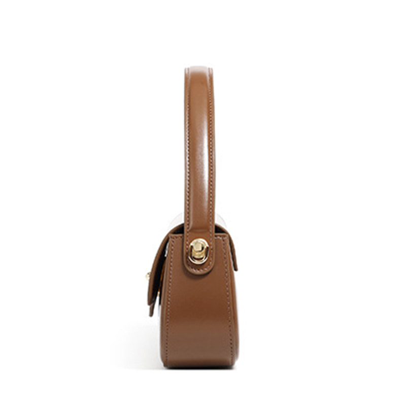 Women's Minimalist Split Leather Flap Turn Lock Baguette Bag with Crossbody Strap