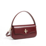 Women's Minimalist Split Leather Flap Turn Lock Baguette Bag with Crossbody Strap