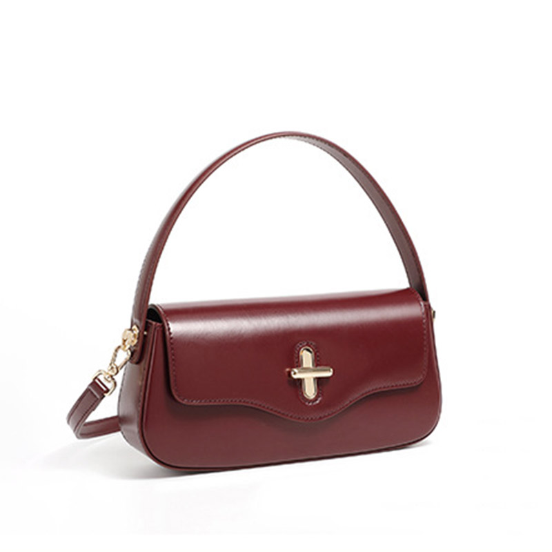 Women's Minimalist Split Leather Flap Turn Lock Baguette Bag with Crossbody Strap
