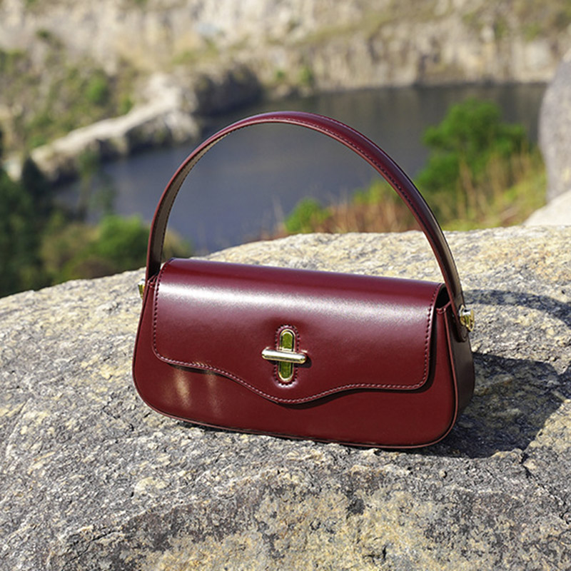 Women's Minimalist Split Leather Flap Turn Lock Baguette Bag with Crossbody Strap