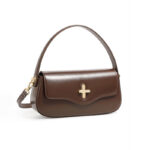 Women's Minimalist Split Leather Flap Turn Lock Baguette Bag with Crossbody Strap