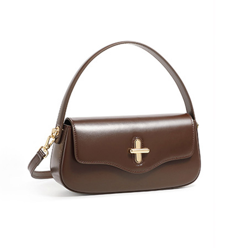 Women's Minimalist Split Leather Flap Turn Lock Baguette Bag with Crossbody Strap