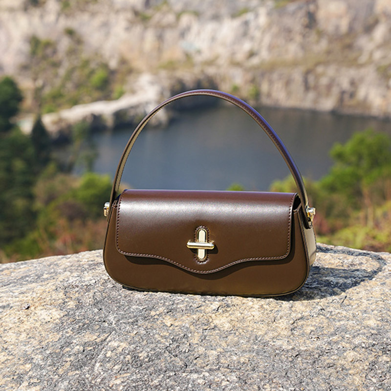 Women's Minimalist Split Leather Flap Turn Lock Baguette Bag with Crossbody Strap