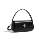 Women's Minimalist Split Leather Flap Turn Lock Baguette Bag with Crossbody Strap