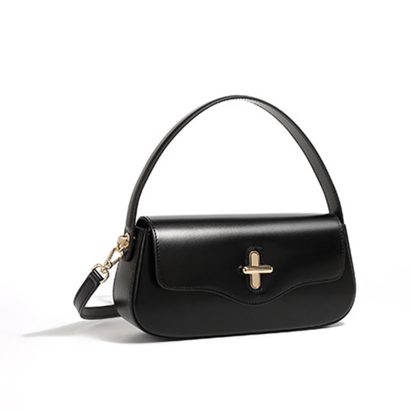 Women's Minimalist Split Leather Flap Turn Lock Baguette Bag with Crossbody Strap