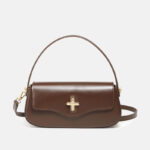 Women's Minimalist Split Leather Flap Turn Lock Baguette Bag with Crossbody Strap