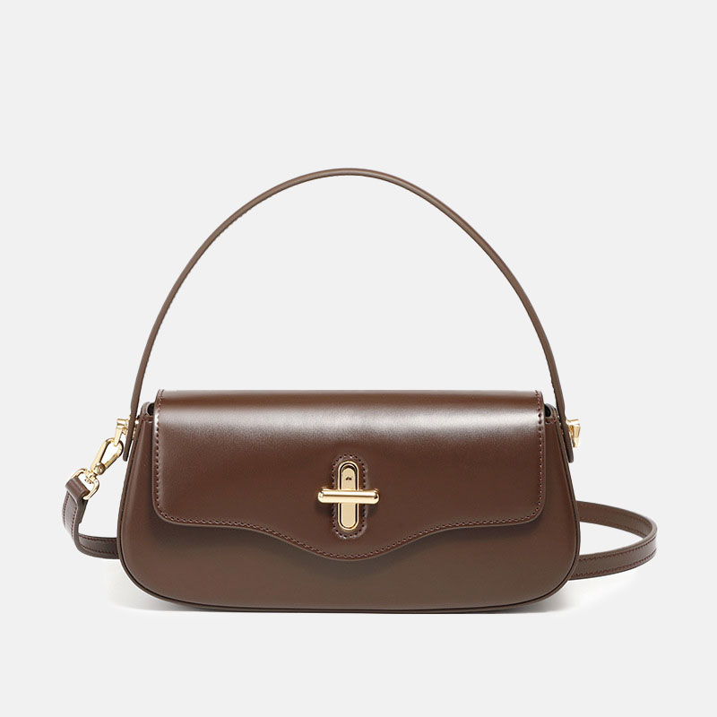 Women's Minimalist Split Leather Flap Turn Lock Baguette Bag with Crossbody Strap