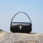 Women's Minimalist Split Leather Flap Turn Lock Baguette Bag with Crossbody Strap