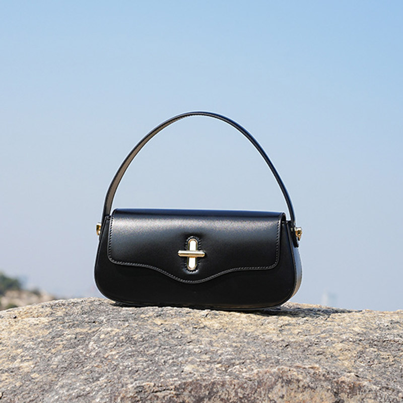 Women's Minimalist Split Leather Flap Turn Lock Baguette Bag with Crossbody Strap