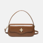 Women's Minimalist Split Leather Flap Turn Lock Baguette Bag with Crossbody Strap