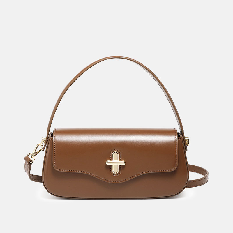 Women's Minimalist Split Leather Flap Turn Lock Baguette Bag with Crossbody Strap