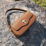 Women's Minimalist Split Leather Flap Turn Lock Baguette Bag with Crossbody Strap