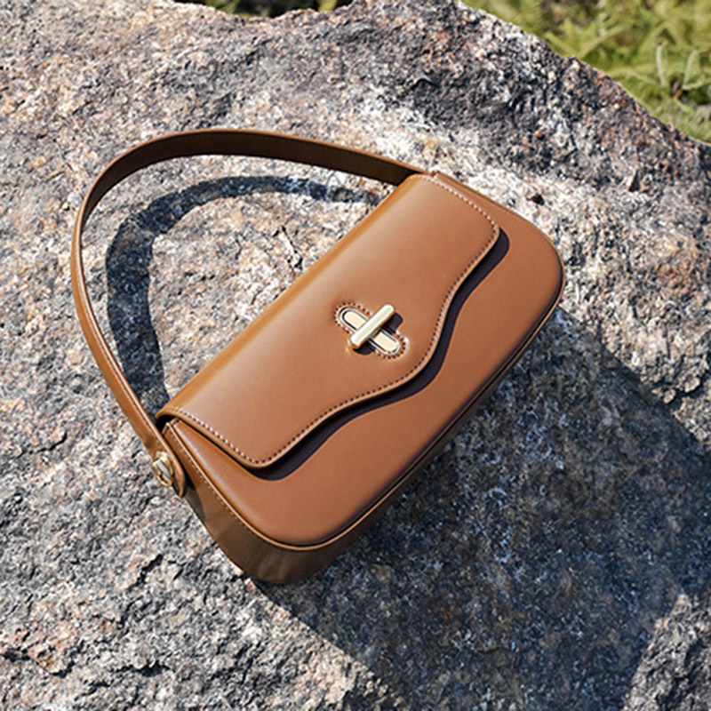 Women's Minimalist Split Leather Flap Turn Lock Baguette Bag with Crossbody Strap