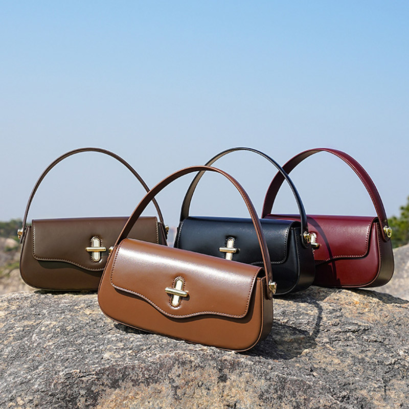 Women's Minimalist Split Leather Flap Turn Lock Baguette Bag with Crossbody Strap