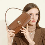 Women's Minimalist Split Leather Flap Turn Lock Baguette Bag with Crossbody Strap