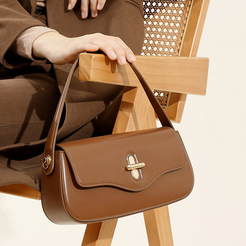 Women's Minimalist Split Leather Flap Turn Lock Baguette Bag with Crossbody Strap
