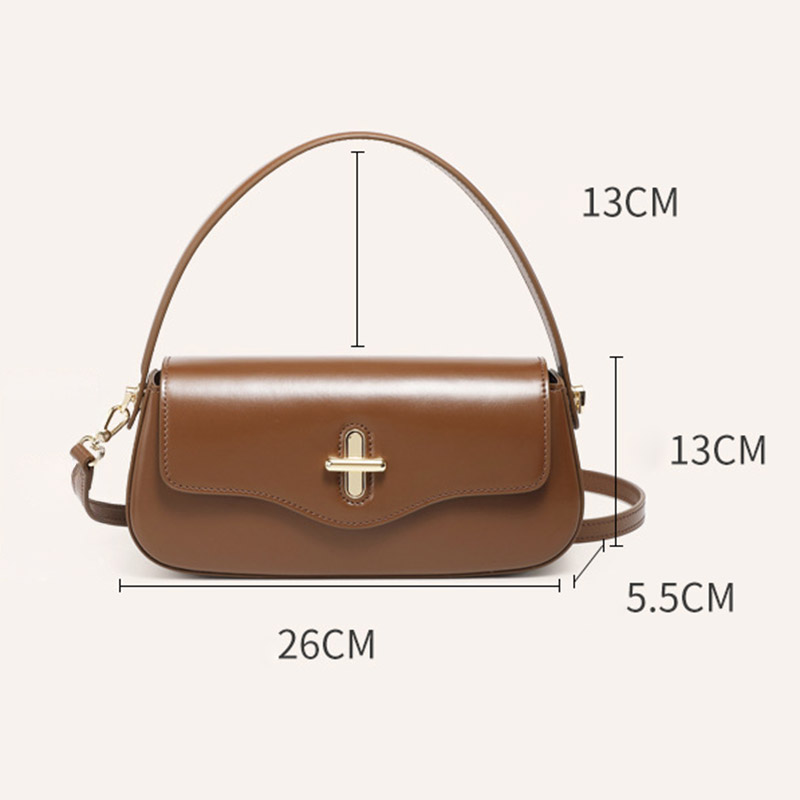 Women's Minimalist Split Leather Flap Turn Lock Baguette Bag with Crossbody Strap