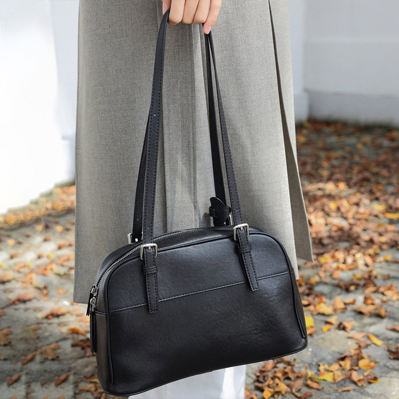 Women's Minimalist Top-Grain Leather Shoulder Boston Handbag