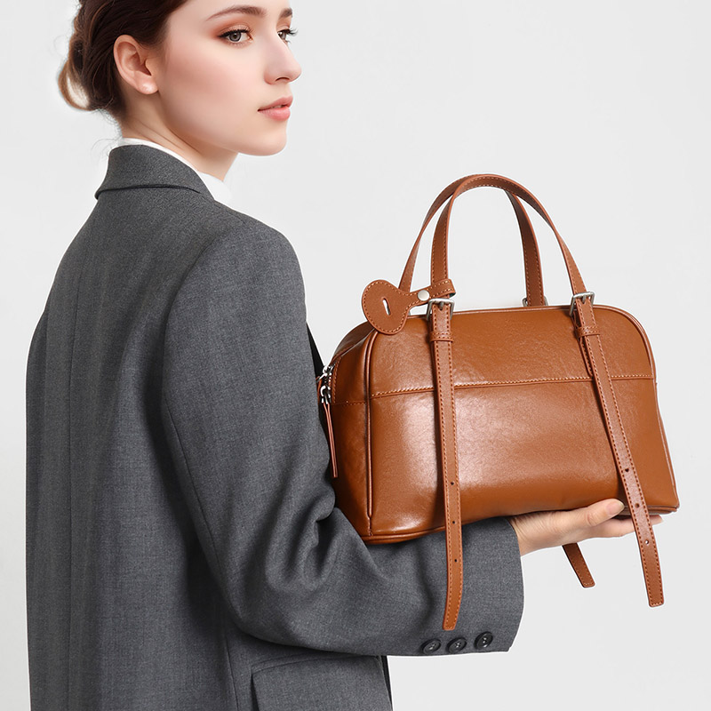 Women's Minimalist Top-Grain Leather Shoulder Boston Handbag
