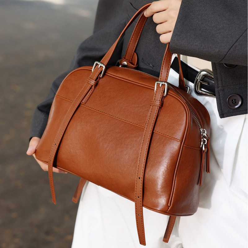 Women's Minimalist Top-Grain Leather Shoulder Boston Handbag