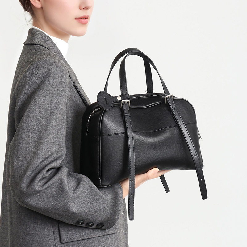 Women's Minimalist Top-Grain Leather Shoulder Boston Handbag