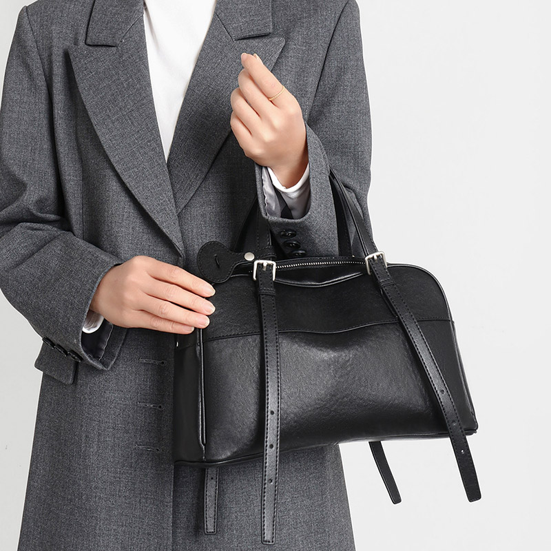Women's Minimalist Top-Grain Leather Shoulder Boston Handbag