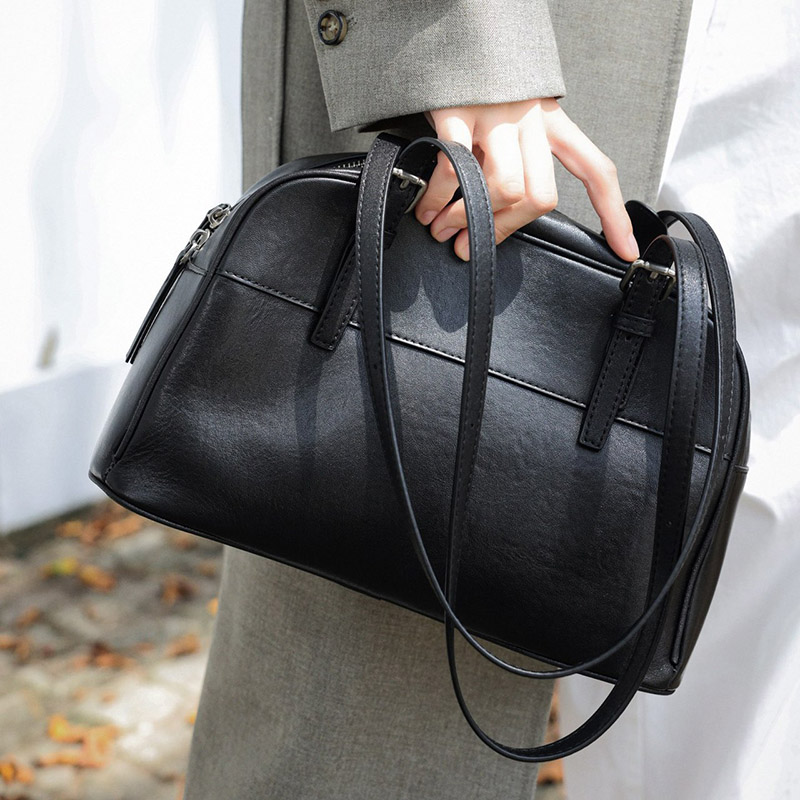 Women's Minimalist Top-Grain Leather Shoulder Boston Handbag