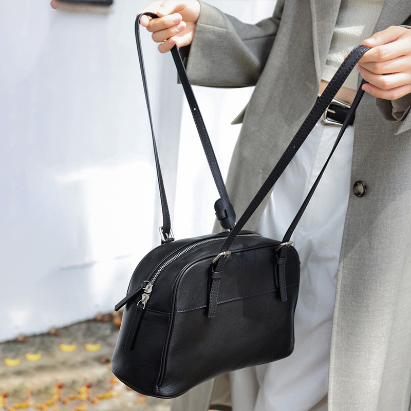 Women's Minimalist Top-Grain Leather Shoulder Boston Handbag