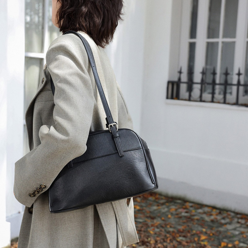 Women's Minimalist Top-Grain Leather Shoulder Boston Handbag