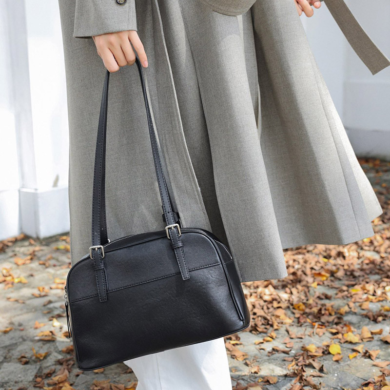 Women's Minimalist Top-Grain Leather Shoulder Boston Handbag