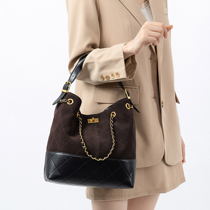 Women's Quilted Suede Split Leather Chain Crossbody Shoulder Hobo Bag in Gold Hardware