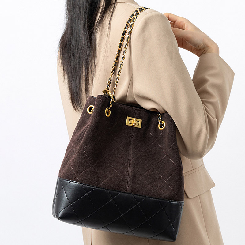 Women's Quilted Suede Split Leather Chain Crossbody Shoulder Hobo Bag in Gold Hardware