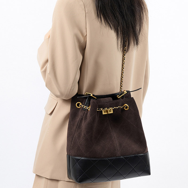Women's Quilted Suede Split Leather Chain Crossbody Shoulder Hobo Bag in Gold Hardware
