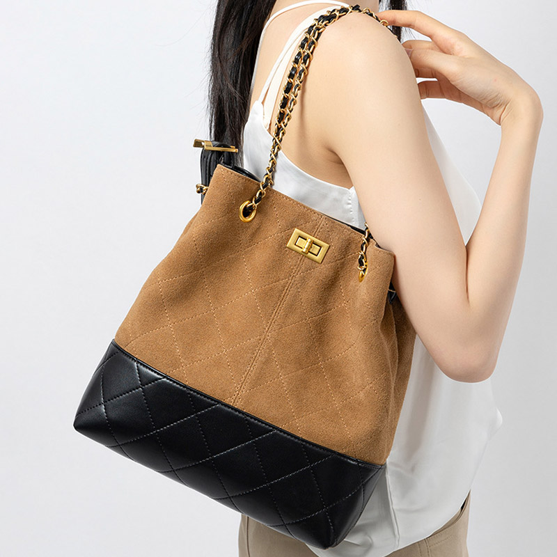 Women's Quilted Suede Split Leather Chain Crossbody Shoulder Hobo Bag in Gold Hardware