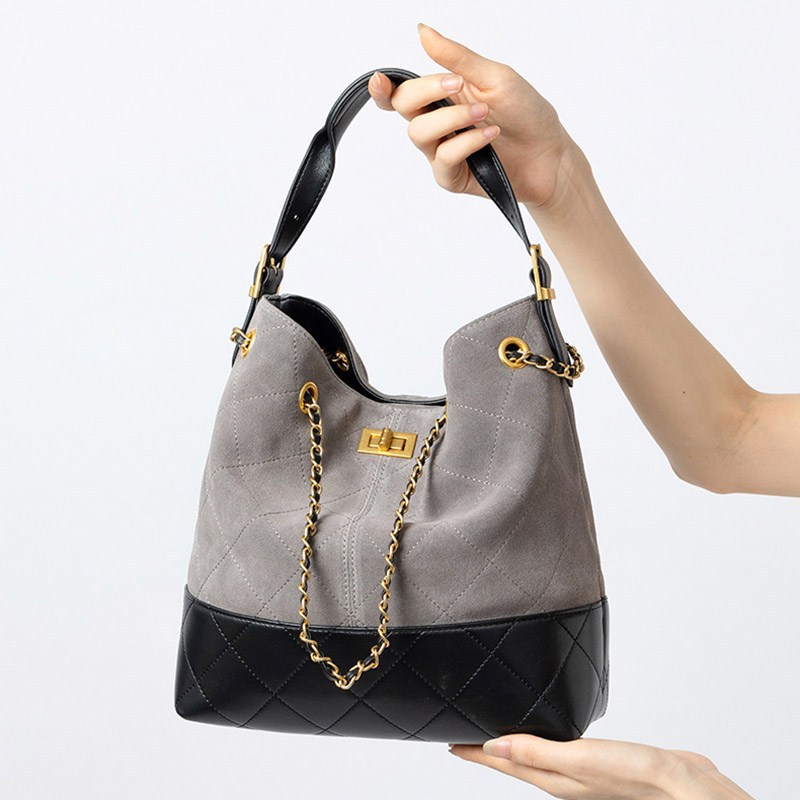 Women's Quilted Suede Split Leather Chain Crossbody Shoulder Hobo Bag in Gold Hardware